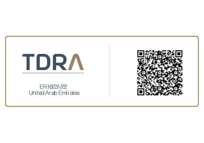 2026 Kia Tasman TDRA certification label image. It displays the TDRA logo, registration number 'ER16231/22', and 'United Arab Emirates' text on the left, with a QR code on the right. This indicates the system's compliance with UAE regulations.