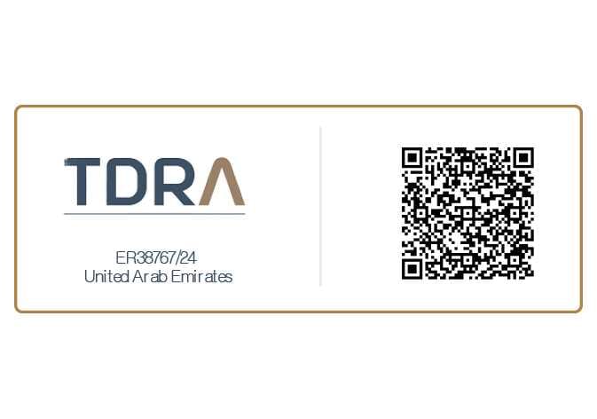 2026 Kia Tasman TDRA certification label image. The label features the TDRA logo, the code 'ER38767/24', and the text 'United Arab Emirates' on the left side, separated by a vertical line from a QR code on the right. This indicates compliance with UAE telecommunication regulations.