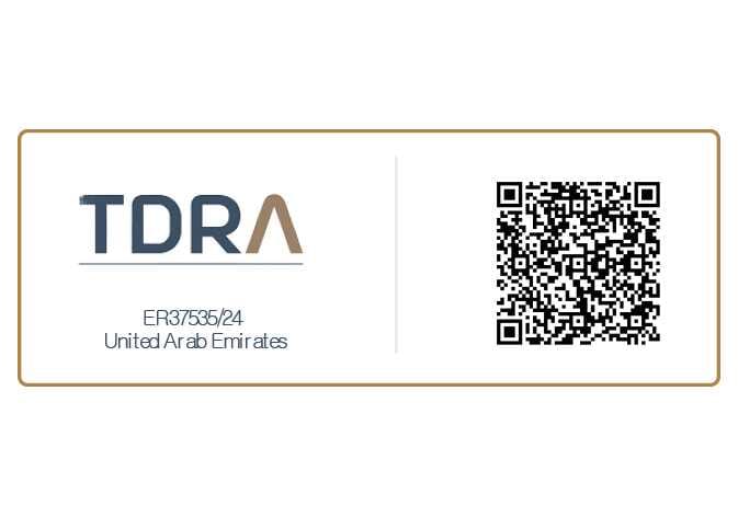 2026 Kia Tasman TDRA certification label image. The label displays the TDRA logo, the registration number 'ER37535/24', and the text 'United Arab Emirates' on the left side. A QR code is shown on the right side. This indicates the telecommunications certification for the UAE eCall system.