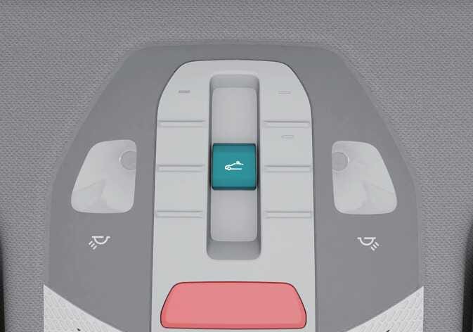 2026 Kia Tasman sunroof switch image. The overhead console features a central lever highlighted in teal with an open roof car icon, flanked by map lights and a red button at the bottom. Explains the function of sliding or tilting the sunroof using the switch.
