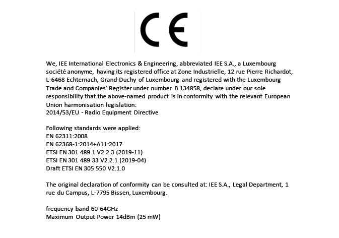 2026 Kia Tasman Declaration of Conformity document image. It shows the CE mark and text declaring IEE S.A.'s compliance with Radio Equipment Directive 2014/53/EU, listing standards and the 60-64GHz frequency band. Describes the certification information for the ROA Radar Sensor.