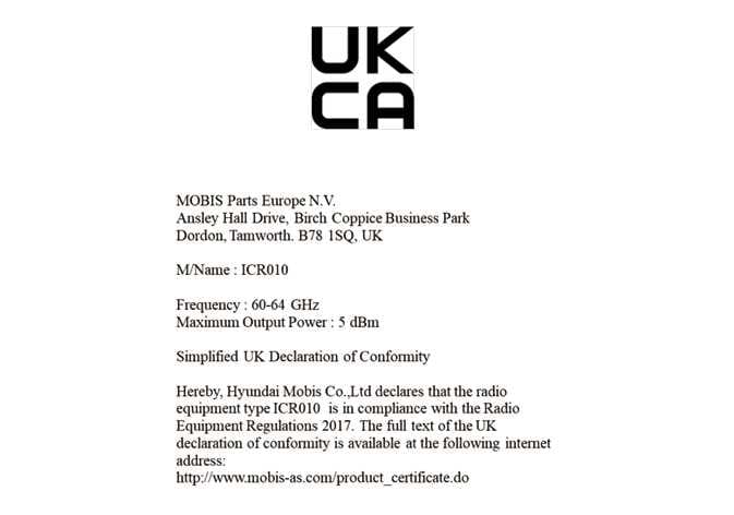 2026 Kia Tasman Simplified UK Declaration of Conformity image. It displays the UKCA logo, model ICR010, frequency 60-64 GHz, and 5 dBm output power. The text declares that Hyundai Mobis Co.,Ltd complies with Radio Equipment Regulations 2017. It explains the certification details for the ROA Radar Sensor.