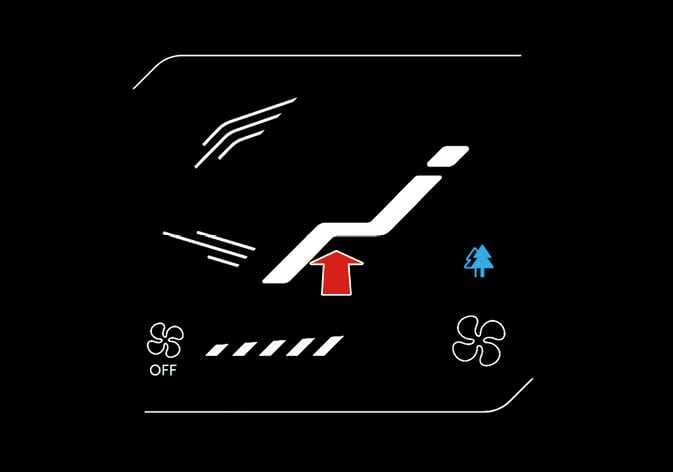 2026 Kia Tasman air flow mode selection image. A large red arrow points upward toward the leg area of a stylized white seated figure. White lines represent air flowing towards the feet and upper body. This describes the function of selecting the direction of the air flow through the ventilation system.