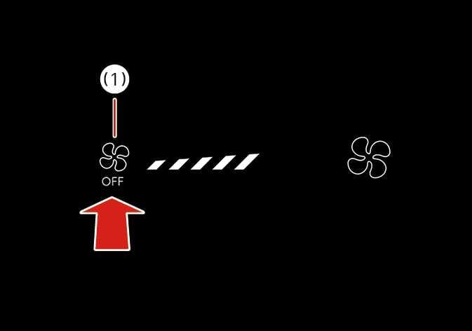 2026 Kia Tasman automatic climate control turning off image. A red arrow points upwards to a fan icon labeled 'OFF', marked with callout number (1). Dashed lines connect to a fan symbol on the right. Explains the function of turning off the system by touching the icon.
