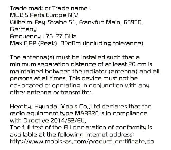 2026 Kia Tasman Declaration of Conformity image. The text lists MOBIS Parts Europe N.V., frequency 76-77 GHz, Max EIRP 30dBm, and a 20 cm safety distance. It declares radio equipment type MAR326 complies with Directive 2014/53/EU. Describes the technical specifications and EU compliance for the front radar.