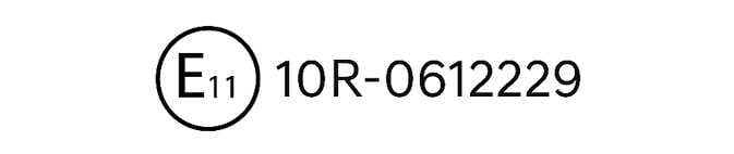 2026 Kia Tasman E-MARK certification symbol. The image shows a circle containing the letter 'E' and the number '11', followed by the code '10R-0612229'. This indicates the front radar's compliance with E-Mark certification regulations.