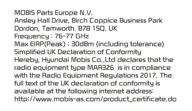 2026 Kia Tasman UK Declaration of Conformity image. The text displays the manufacturer's address, radio equipment type MAR326, frequency 76-77 GHz, and Max EIRP 30dBm. It explains the compliance with the Radio Equipment Regulations 2017.