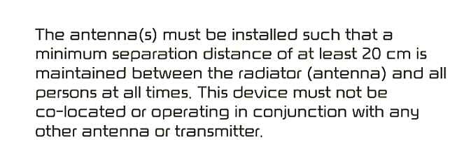 2026 Kia Tasman Declaration of Conformity text image for the United States. The text mandates a minimum separation distance of at least 20 cm between the antenna and persons. Explains the safety requirements regarding radio frequency exposure.