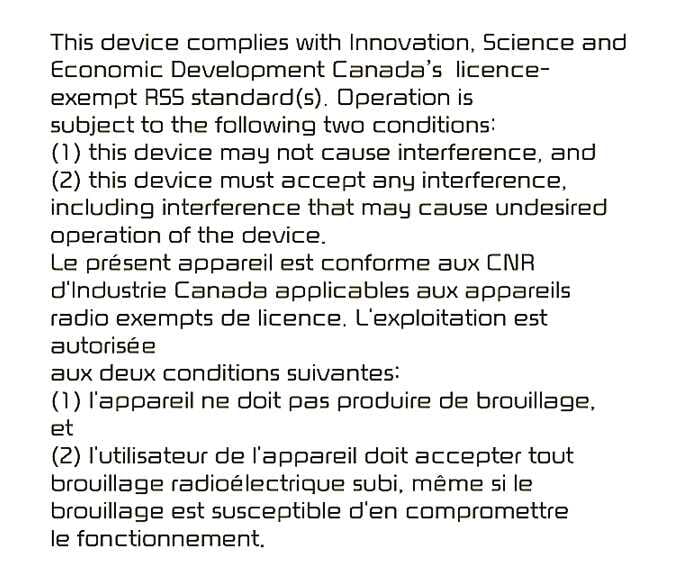 2026 Kia Tasman Declaration of Conformity for Canada image. The image displays English and French text stating compliance with Innovation, Science and Economic Development Canada's RSS standards. Explains the conditions regarding radio interference.