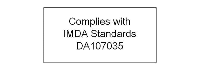2026 Kia Tasman IMDA certification label image. The image displays a rectangular box containing the text 'Complies with IMDA Standards DA107035'. This indicates compliance with the regulatory standards for radio frequency components.