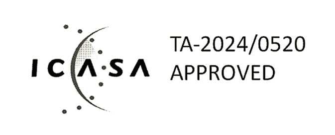 2026 Kia Tasman ICASA certification label image. The image shows the ICASA logo with a curved line and dots, next to the text 'TA-2024/0520' and 'APPROVED'. This signifies compliance with South African radio frequency regulations.