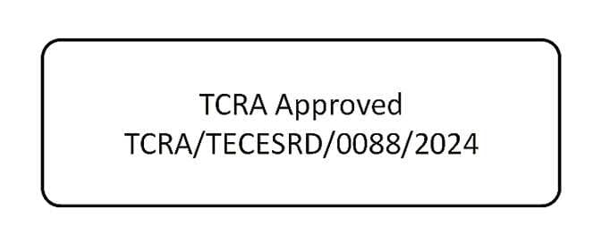 2026 Kia Tasman TCRA certification label image. The image displays a rectangular label containing the text 'TCRA Approved' and the certification number 'TCRA/TECESRD/0088/2024'. This describes the declaration of conformity for radio frequency components.