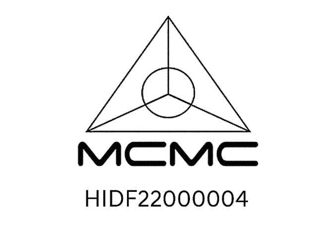 2026 Kia Tasman MCMC certification mark image. The image displays the MCMC logo featuring a triangle with a circle inside, followed by the text 'MCMC' and the certification ID 'HIDF22000004'. It indicates compliance with Malaysian Communications and Multimedia Commission standards.