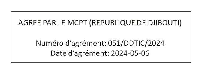 2026 Kia Tasman certification label image for Djibouti. The label text reads 'AGREE PAR LE MCPT (REPUBLIQUE DE DJIBOUTI)', 'Numéro d'agrément: 051/DDTIC/2024', and 'Date d'agrément: 2024-05-06'. This describes the radio frequency compliance certification details for the Djibouti region.