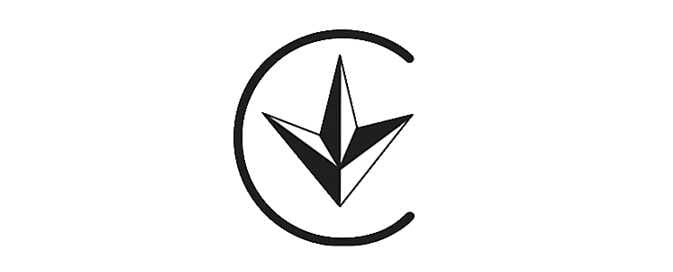 2026 Kia Tasman Ukrainian conformity mark icon. It displays a stylized three-pointed star shape inside a broken circle resembling the letter C. This symbol indicates the vehicle components' compliance with Ukrainian technical regulations.
