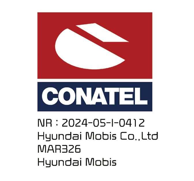 2026 Kia Tasman CONATEL certification label image. It displays the CONATEL logo with a red square and blue text bar. The text below reads 'NR : 2024-05-I-0412', 'Hyundai Mobis Co.,Ltd', and 'MAR326'. This explains the radio frequency compliance information.