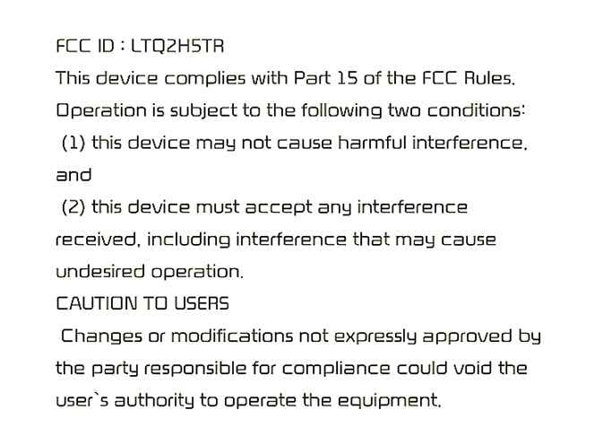 2026 Kia Tasman FCC Declaration of Conformity image. The text displays 'FCC ID : LTQ2H5TR' and states compliance with Part 15 of the FCC Rules regarding interference. It warns that unauthorized modifications could void the user's authority to operate the equipment. Explains the radio frequency compliance for the US market.
