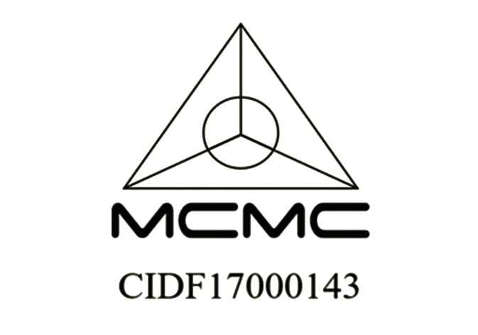 2026 Kia Tasman MCMC certification mark image. It features a triangular logo with a circle and three lines meeting at the center, the text 'MCMC', and the code 'CIDF17000143'. This indicates that the radio frequency components comply with Malaysian regulations.