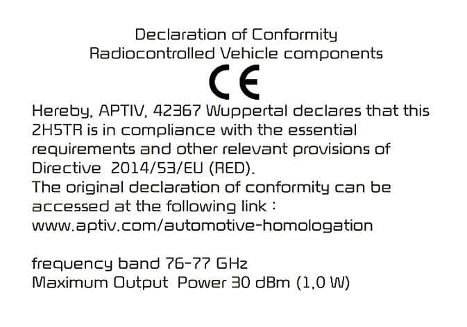 2026 Kia Tasman Declaration of Conformity image. It displays the title 'Declaration of Conformity', a large CE mark, and text stating APTIV's 2H5TR component complies with Directive 2014/53/EU. The text includes a link to the full declaration and specifies a frequency band of 76-77 GHz and Maximum Output Power of 30 dBm (1.0 W). Explains the regulatory compliance and specifications for radio-controlled vehicle components.