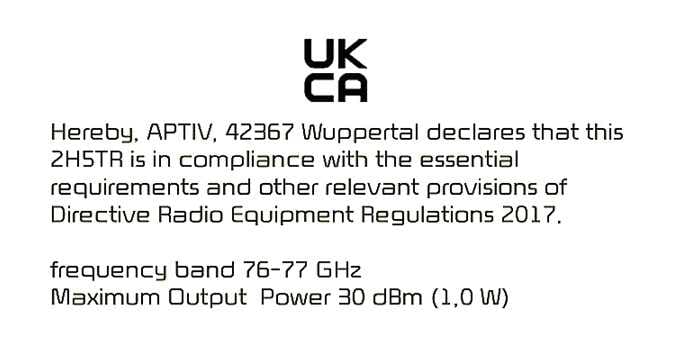 2026 Kia Tasman Declaration of Conformity for the United Kingdom image. The image features the UKCA logo and a statement from APTIV declaring the 2H5TR model complies with Radio Equipment Regulations 2017, listing the frequency band 76-77 GHz and maximum output power 30 dBm. It explains the certification details.