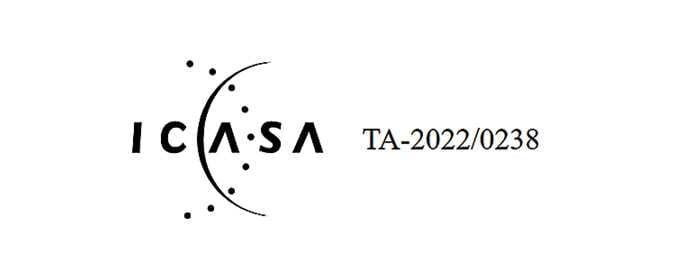 2026 Kia Tasman ICASA certification logo image. The image displays the 'ICASA' logo with a stylized crescent and dots design, followed by the certification number 'TA-2022/0238'. This indicates the radio frequency compliance with ICASA regulations.