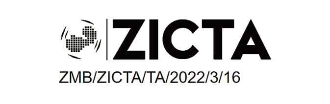 2026 Kia Tasman ZICTA certification label image. The image displays the ZICTA logo and the certification number 'ZMB/ZICTA/TA/2022/3/16'. This indicates compliance with the radio frequency regulations of Zambia.