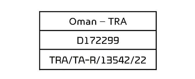 2026 Kia Tasman Declaration of Conformity label image for Oman. The label displays 'Oman - TRA' in the top section, 'D172299' in the middle, and 'TRA/TA-R/13542/22' in the bottom section. It explains the radio frequency compliance certification details for the Oman Telecommunications Regulatory Authority.