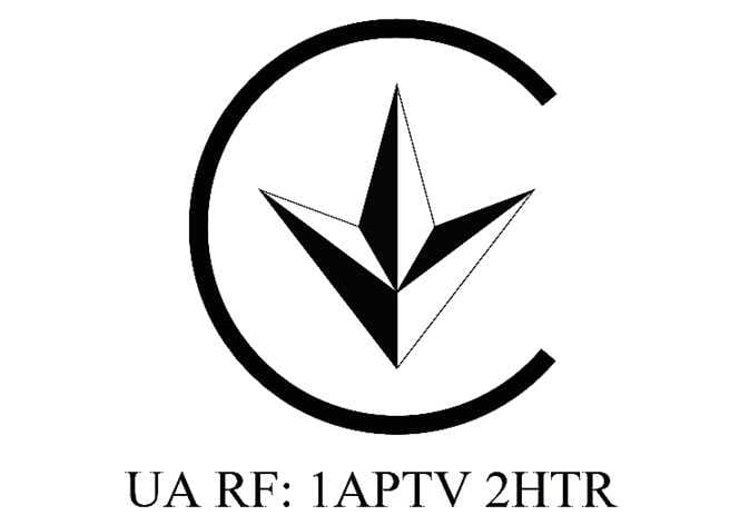 2026 Kia Tasman Ukraine Declaration of Conformity mark image. The image displays the Ukrainian technical conformity symbol, consisting of a stylized trefoil inside an open circle, with the text 'UA RF: 1APTV 2HTR' underneath. This indicates that the radio frequency components comply with Ukrainian technical regulations.