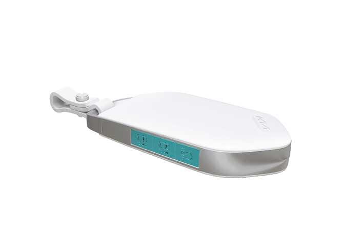 2026 Kia Tasman smart key image. The Remote Start, Forward Parking, and Reverse Parking buttons on the side of the key fob are highlighted in teal. Explains the location of the buttons used to operate the Remote Smart Parking Assist function.