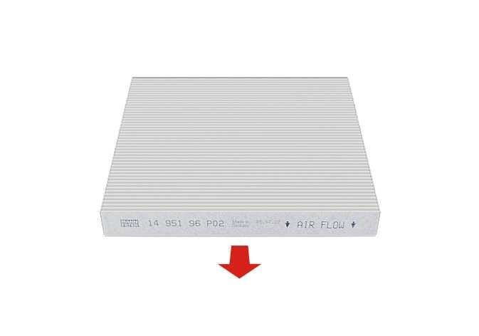 2026 Kia Tasman climate control air filter replacement image. The image shows a white rectangular air filter with 'AIR FLOW' text and arrows printed on the side. A large red downward arrow indicates the installation direction. Explains the correct orientation for installing the climate control air filter.