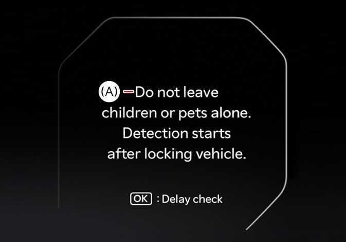 2026 Kia Tasman instrument cluster screen image. The display shows a warning message marked as (A) stating 'Do not leave children or pets alone. Detection starts after locking vehicle.' with an '[OK] : Delay check' option below. Explains the notification alerting the driver to check for passengers or pets in the rear seat.