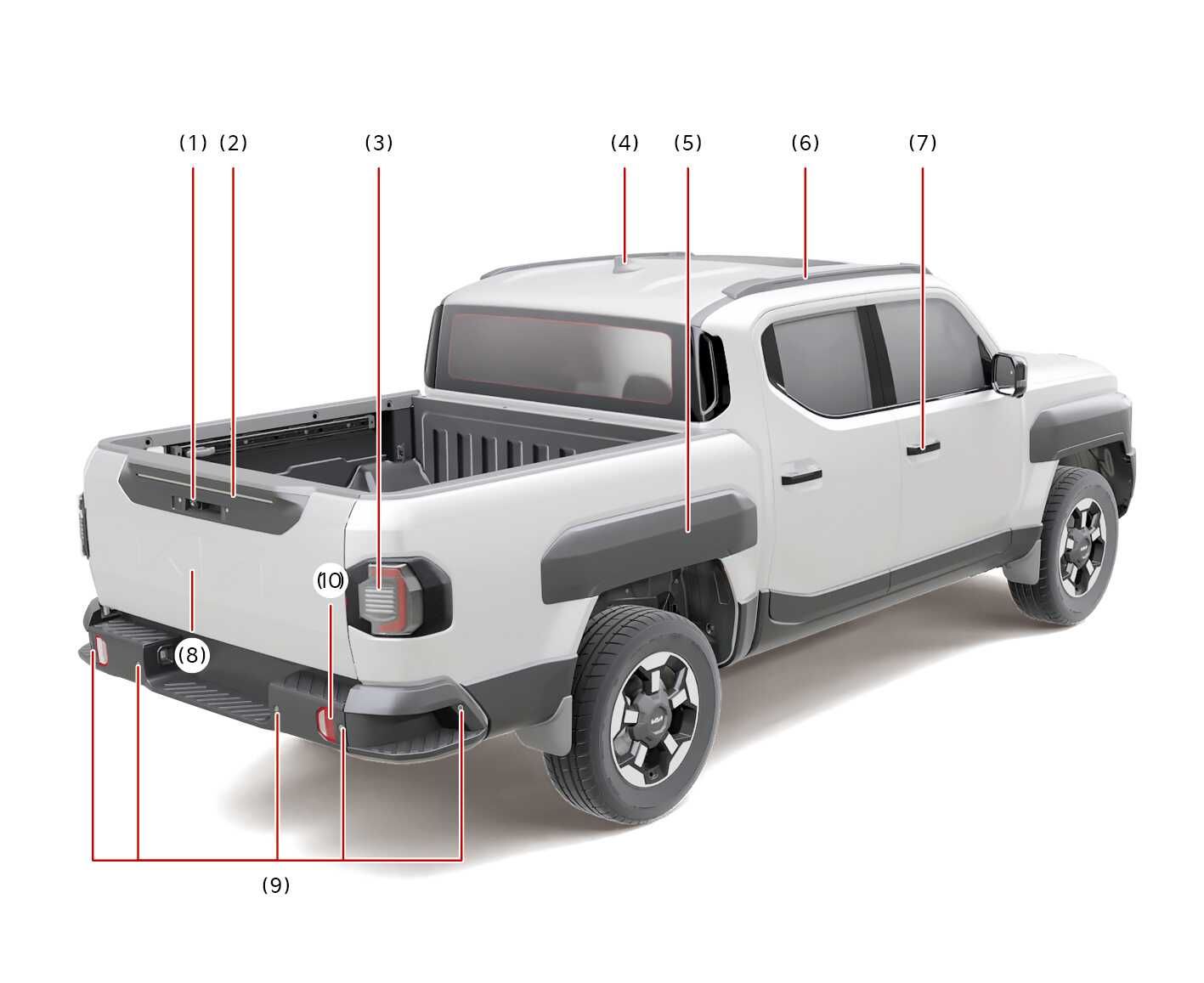 2026 Kia Tasman rear exterior overview image. Callouts indicate the high mounted stop lamp (1), wide-rear view camera (2), tail lamp (3), antenna (4), side storage (5), roof rack (6), door handle (7), license plate lamp (8), ultrasonic sensor (9), and reflector (10). It identifies the location of rear exterior components.
