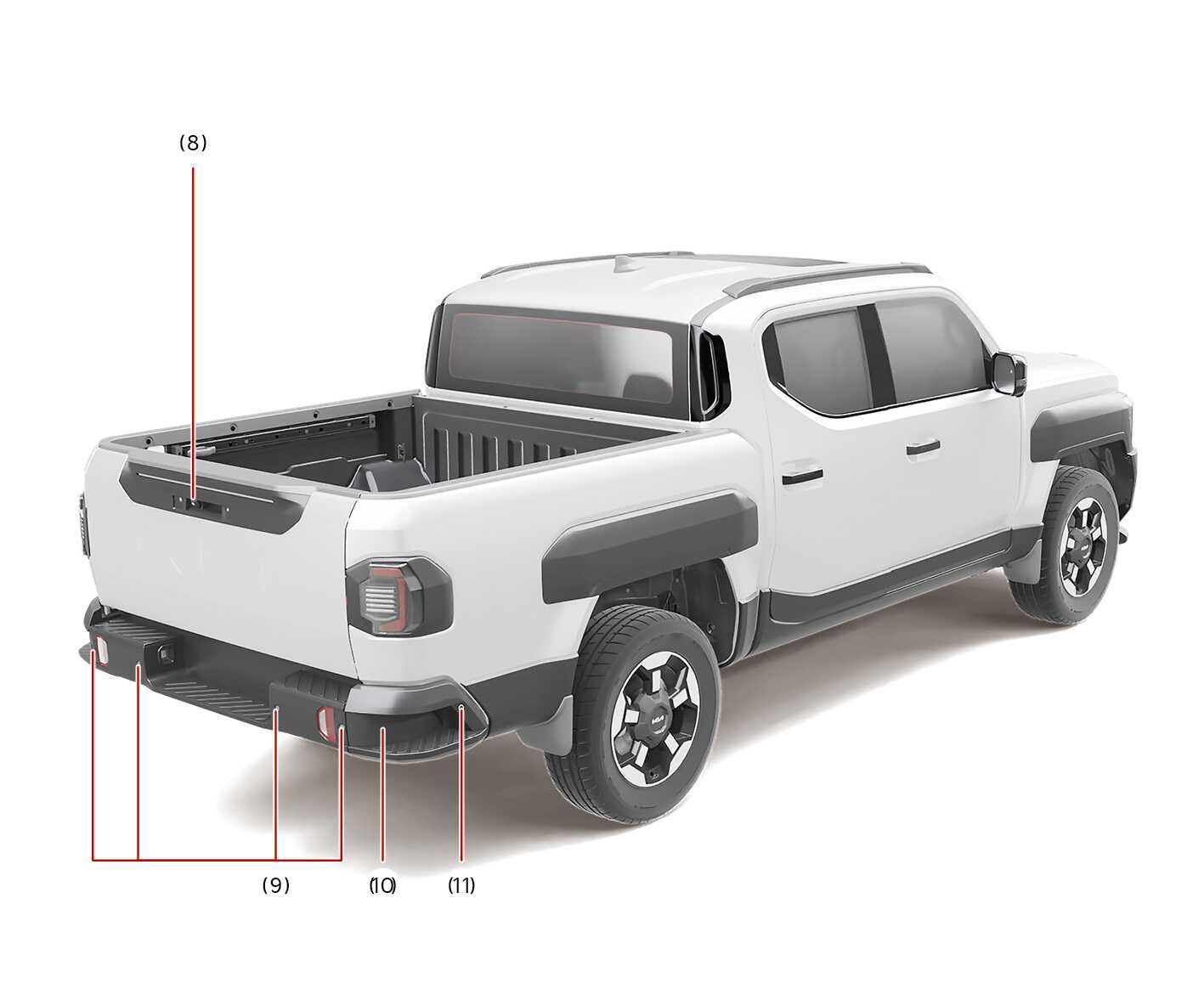 2026 Kia Tasman rear detecting sensors image. Red lines indicate sensor locations labeled (8) on the tailgate handle, (9) and (10) on the rear bumper, and (11) on the bumper corner. Explains the locations of the detecting sensors.