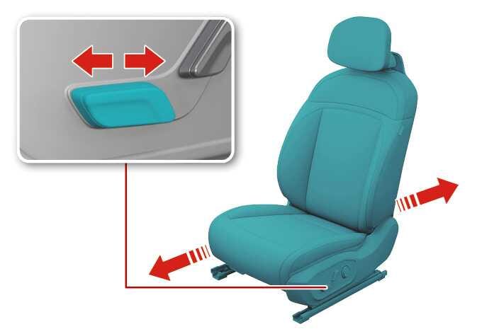2026 Kia Tasman front seat forward and backward adjustment image. The seat is highlighted in teal with red arrows at the base indicating horizontal movement. An inset shows the horizontal control switch highlighted in teal with red arrows indicating the operation direction. Explains the function of sliding the seat to the desired position.