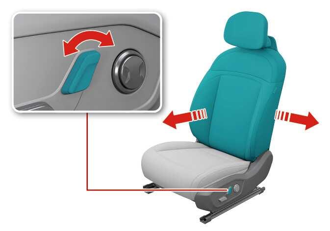 2026 Kia Tasman seatback reclining adjustment image. The seatback is highlighted in teal with red arrows showing forward and backward movement. An inset displays the side control panel with the vertical switch highlighted in teal and a red curved arrow indicating operation. Explains the function of adjusting the seatback angle by pushing the switch forward or backward.