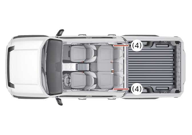 2026 Kia Tasman Rear retractor pre-tensioner assembly image. A top-down view of the vehicle shows red lines pointing to the rear retractor pre-tensioner assembly (4) located on both sides of the rear seats. Illustrates the position of the rear seat belt safety components.
