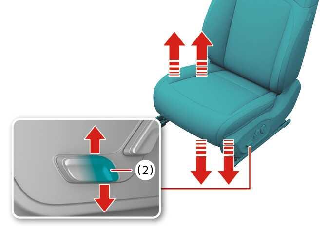 2026 Kia Tasman front seat height adjustment image. Red vertical arrows show the seat cushion moving up and down. The rear portion of the switch (2) is highlighted in teal with arrows indicating operation. Explains the function of raising or lowering the seat cushion.