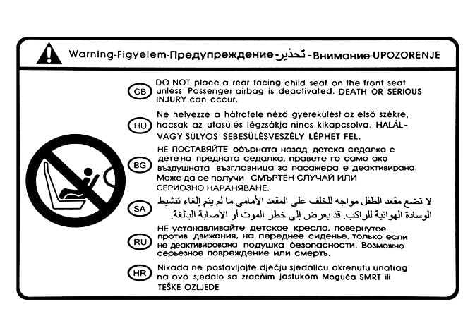 2026 Kia Tasman air bag warning label image. The label displays a prohibition symbol over a rear-facing child seat on a front seat and multilingual warnings. The English text states 'DO NOT place a rear facing child seat on the front seat unless Passenger airbag is deactivated'. It warns against using rear-facing child restraints on the front seat to prevent serious injury or death.