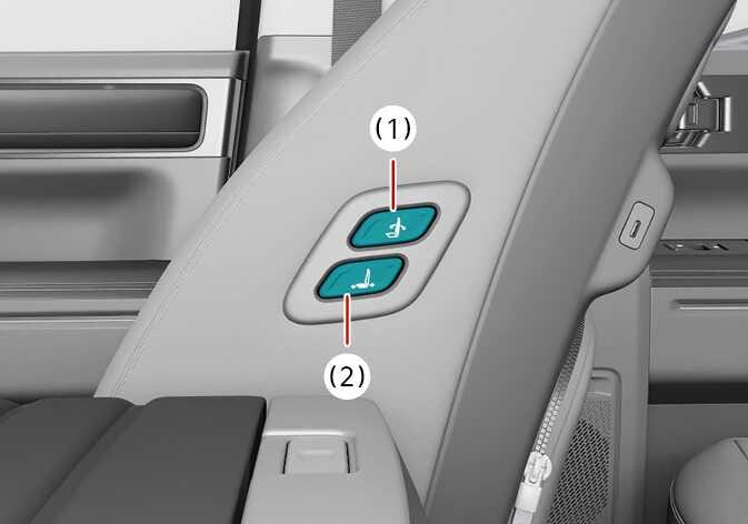 2026 Kia Tasman Walk-in seat image. Two buttons highlighted in teal are on the side of the passenger seatback. Button (1) adjusts the seatback angle, and button (2) moves the seat cushion forward or backward. Explains the function of adjusting the passenger seat for rear passenger comfort.