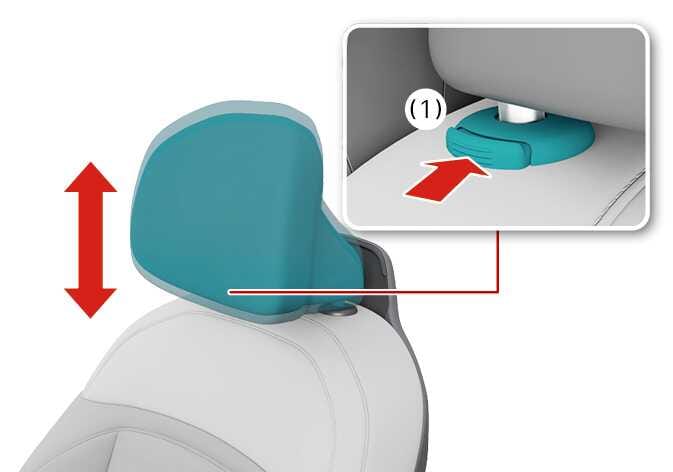 2026 Kia Tasman headrest adjustment image. The headrest is highlighted in teal with a red vertical double-headed arrow. A callout shows the release button (1) highlighted in teal with a red arrow indicating the push direction. Explains the function of adjusting the headrest height.