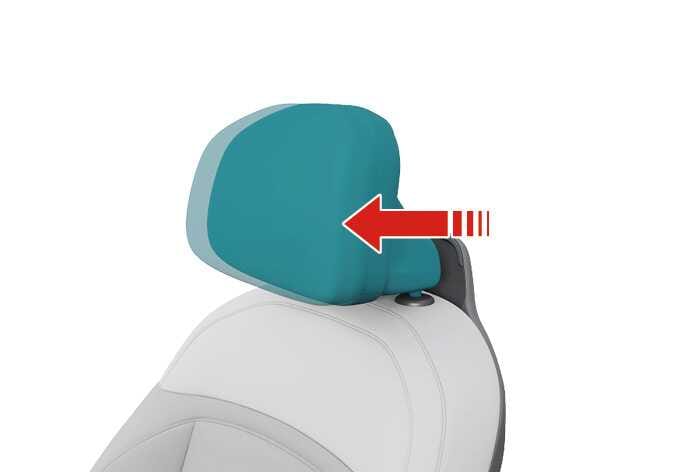 2026 Kia Tasman headrest adjustment image. The headrest is highlighted in teal, and a red arrow points to the left. Explains the function of pulling the headrest to the front to adjust its position.