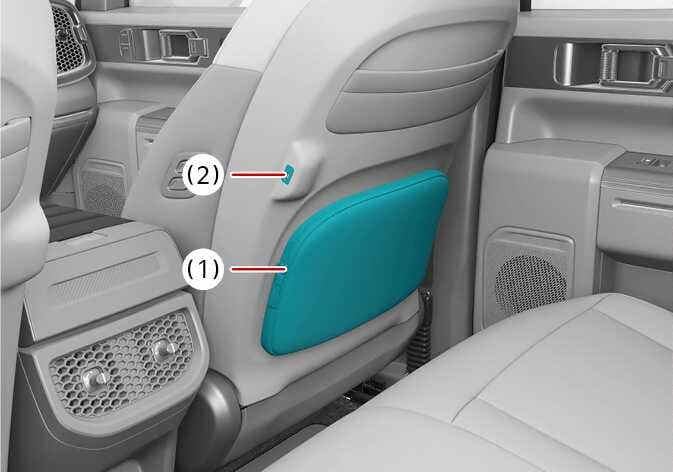 2026 Kia Tasman seatback pocket image. The seatback pocket (1) located at the bottom and the USB charger (2) on the side of the seatback are highlighted in teal. This describes the layout of convenience features on the back of the front seat.