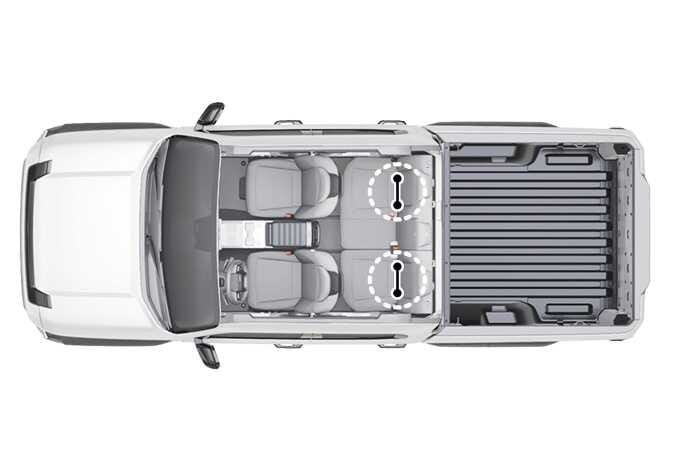 2026 Kia Tasman ISOFIX anchorage location image. A top-down view of the vehicle interior features dashed circles highlighting the ISOFIX anchor points on the left and right outboard rear seats. This explains the location of the anchorages for installing a Child Restraint System.