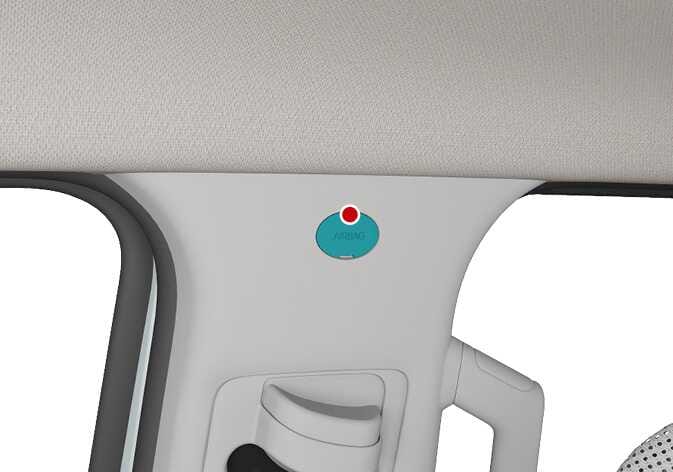 2026 Kia Tasman curtain airbag location image. The 'AIRBAG' label on the upper interior pillar is highlighted in teal with a red dot. This illustrates the location of the curtain airbag system installed along the roof rails.