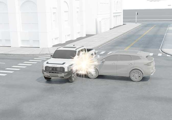 2026 Kia Tasman side collision scenario image. A grey SUV is shown crashing into the side of the white pickup truck at an intersection, with an explosion graphic indicating the point of impact. Explains the conditions where side and curtain air bags are designed to inflate when a side impact is detected.