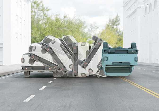 2026 Kia Tasman rollover accident scenario image. The image displays a sequence of the vehicle rolling over, starting from an upright position and ending upside down on its roof. The vehicle in the final overturned position is highlighted in teal. Explains the rollover condition where air bags may not inflate.