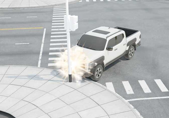 2026 Kia Tasman airbag non-inflation condition image. A white pickup truck is shown colliding head-on with a narrow vertical pole, marked by a starburst impact graphic on the front bumper. This illustrates a collision scenario with narrow objects where the airbags may not inflate.
