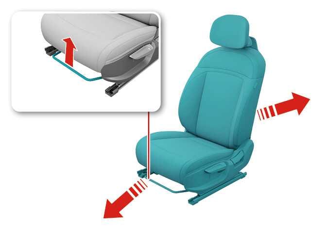 2026 Kia Tasman front seat forward and backward adjustment image. It shows a cyan-colored seat with red arrows indicating sliding movement. An inset details the U-shaped lever under the front cushion with a red arrow pointing upwards. Explains the function of adjusting the seat position by pulling the lever.
