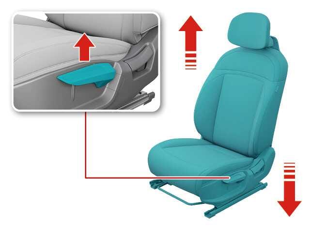 2026 Kia Tasman manual seat height adjustment image. The seat is highlighted in cyan, with red vertical arrows indicating upward and downward movement. A detailed view shows the height adjustment lever on the side of the seat cushion, highlighted in cyan, with a red arrow pointing upwards. Explains the function of raising or lowering the seat cushion height by operating the lever.