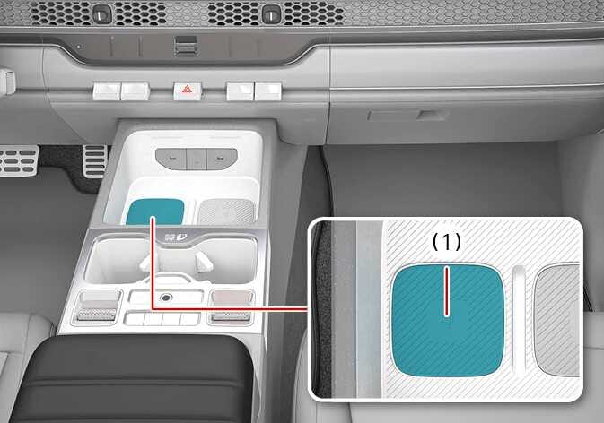 2026 Kia Tasman in-vehicle authentication pad image. A red line connects the center console to a detailed view of the charging pad (1), highlighted in teal. This explains the location where the card key must be placed to register the Digital Key 2.